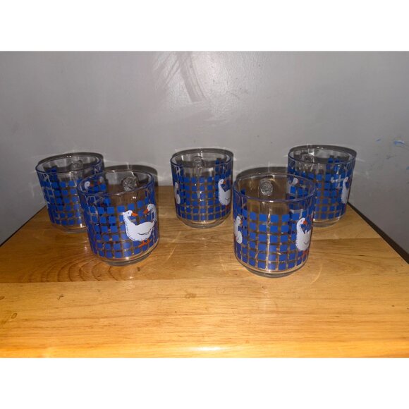 Set Of 5 Carlton 1982 Clear Glass Coffee Mugs Blue Checkered Goose Geese Duck - Picture 3 of 9